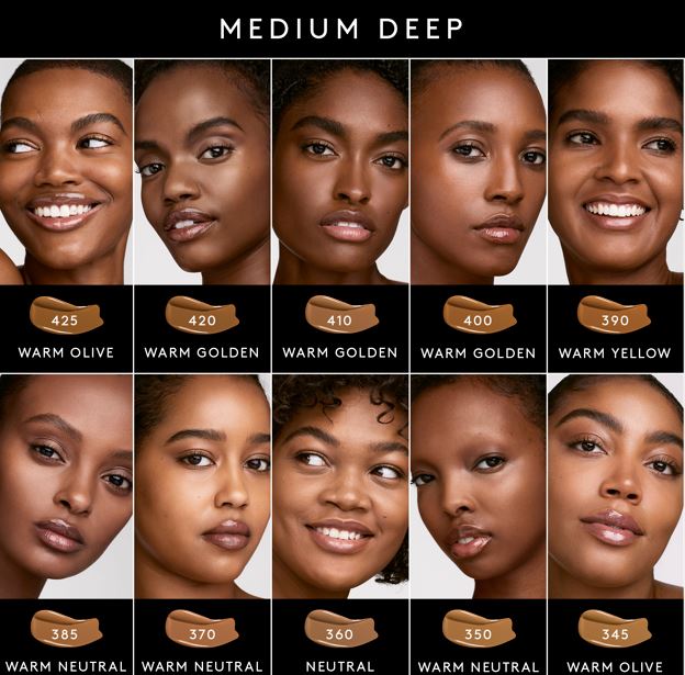 A Fenty Beauty foundation shader finder for Soft’lit Naturally Luminous Longwear Foundation for medium to deep tones.