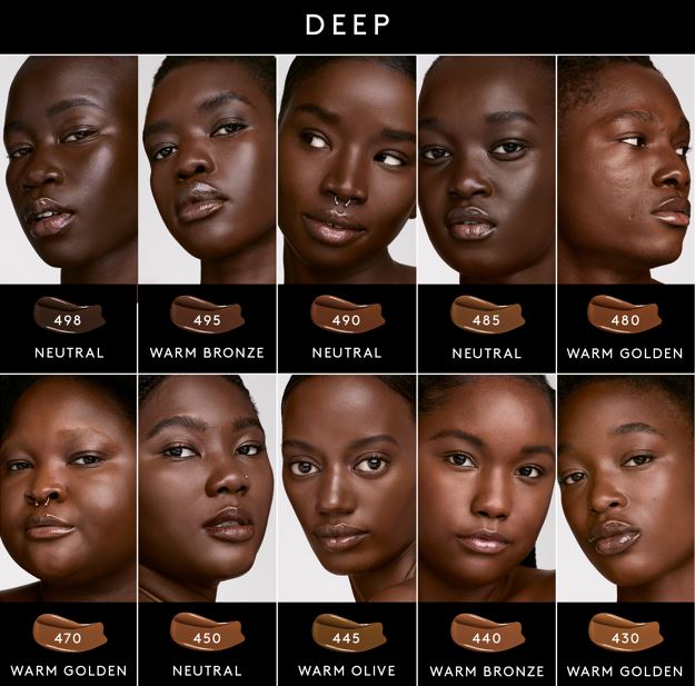 A Fenty Beauty foundation shader finder for Soft’lit Naturally Luminous Longwear Foundation for deep tones.