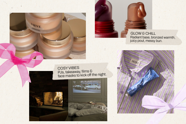 A Valentine’s Day collage showing a cosy night in with friends essentials including lip masks, balms, pyjamas and a fire. 