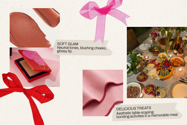 A Valentine’s Day collage showing a dinner party with bows, table clothes and a range of bronzers. 