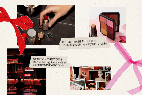 A Valentine’s Day night out showing various make up bag essentials, a bar and a vanity table with a red lipstick. 