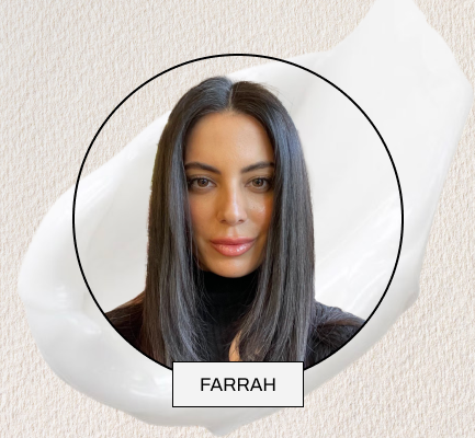 A headshot image of Farrah in a circle widget in front of a cream swatch