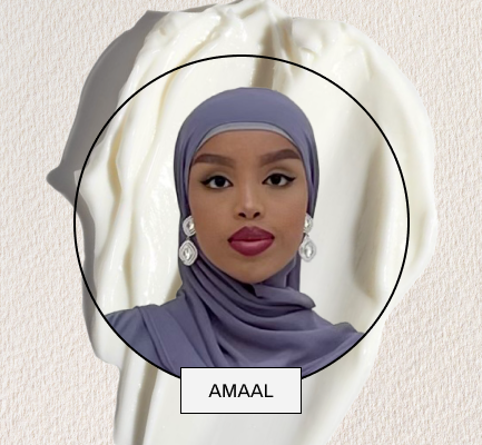 A headshot image of Amaal in a circle widget in front of a cream swatch