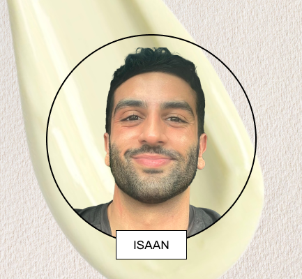 A headshot image of Isaan in a circle widget in front of a cream swatch