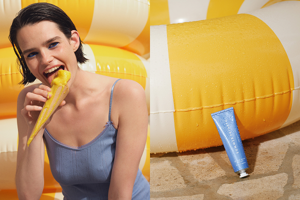 two images, one of a model in a blue swim costume eating an ice cream, the other a yellow inflatable lilo and a summer fridays mask propped next to it