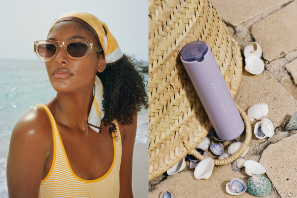 two images, one of a mid skinned model wearing sunglasses and a bandana sittig on the beach. the other is a fenty beauty product near shells and a bag