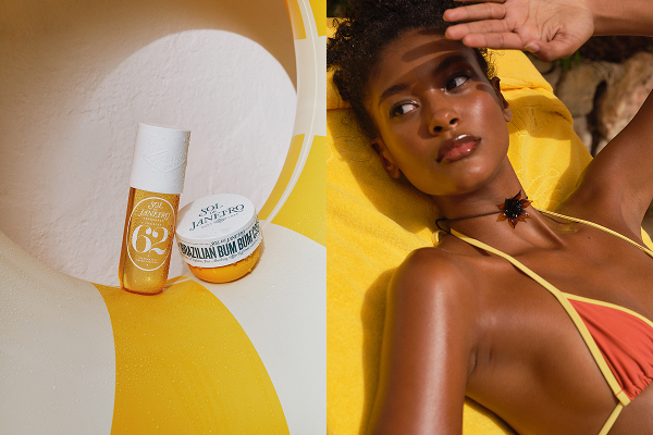 two images, one of a dark skinned model sitting on the beach looking away. the other is sea water with am amika spray floating