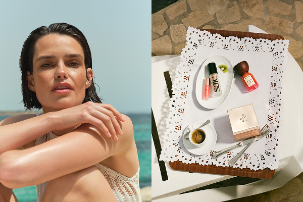 two images. one of a light skinned mdoel in a white bikinis wrapping her arms around herself. The second is a tray on a beach bed filled skin skin care and perfumes