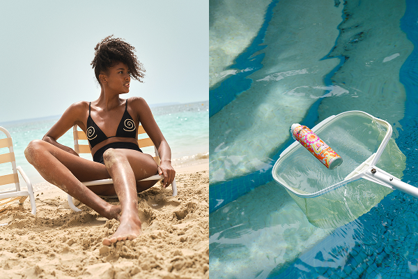 two images, one of a dark skinned model sitting on the beach looking away. the other is sea water with am amika spray floating