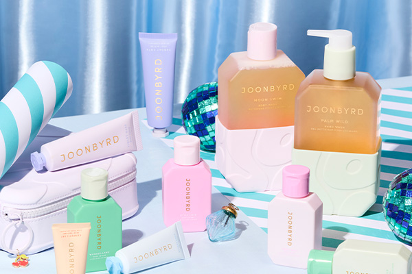 more joonbyrd products placed around eachother of different sizes and colours. shot in a studio
