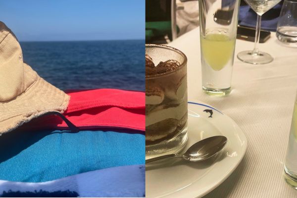 A split image of a sea view and a restaurant dessert