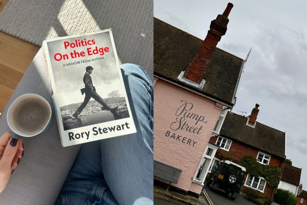 A split image of a book by Rory Stewart and the Pump Street Bakery in Suffolk