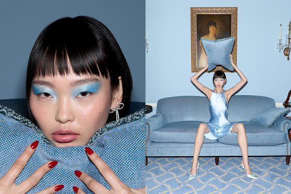 2 images of a model with a blue party look sitting on a sofa