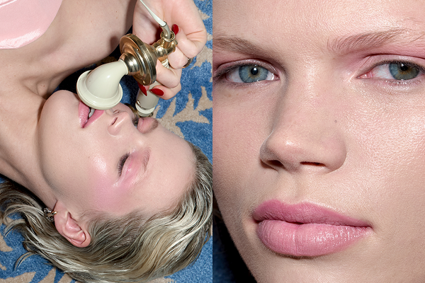 2 images of a model with a pink party look holding a vintage phone