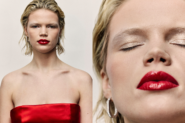 A split image of a portrait shot and close-up of the All That Glitters makeup look from CULT BEAUTY's holiday campaign