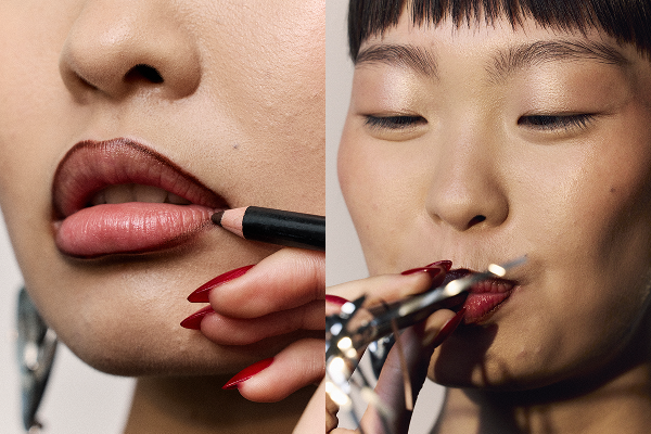 A split image of the Skin Lit, Lips Loud makeup look from CULT BEAUTY's More is More campaign