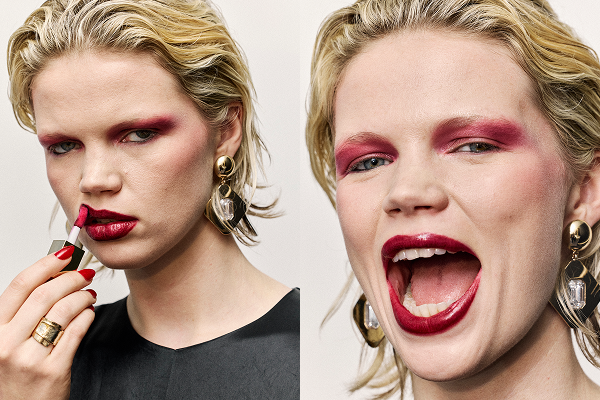 Two images of a model wearing bold, crimson-toned make up