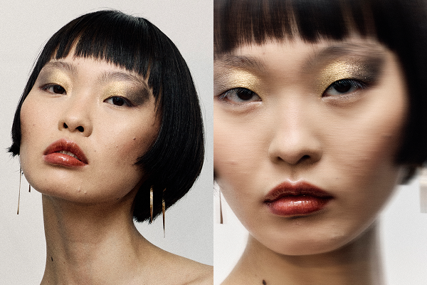 Two images of a model wearing bronze, gold-toned make up