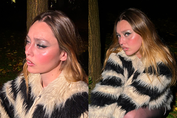 Two images of make up artist Emily Wood shot outside with bold, light-catching make up 