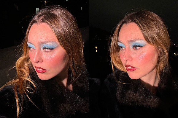 Two images of make up artist Emily Wood shot outside with bold, light-catching make up 
