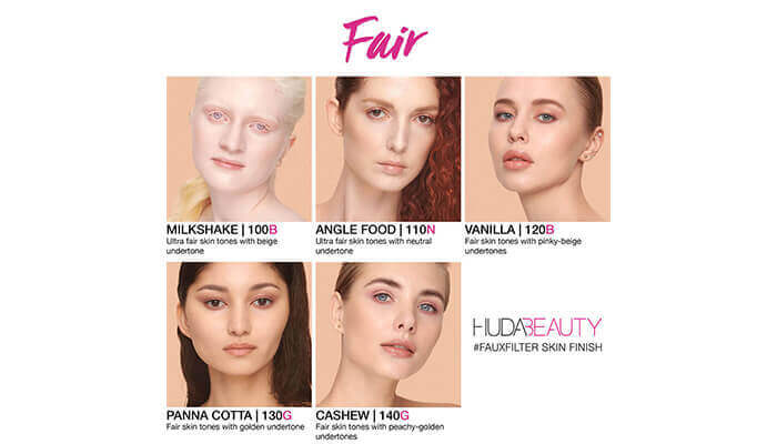 5 models wearing different Fair shades of Huda Beauty Faux Filter foundation