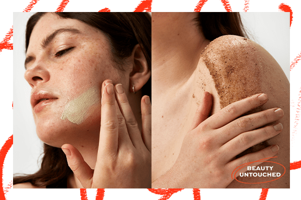 A side by side collage of a model with brown hair applying skin and body care treatments against a studio background with a red and white border