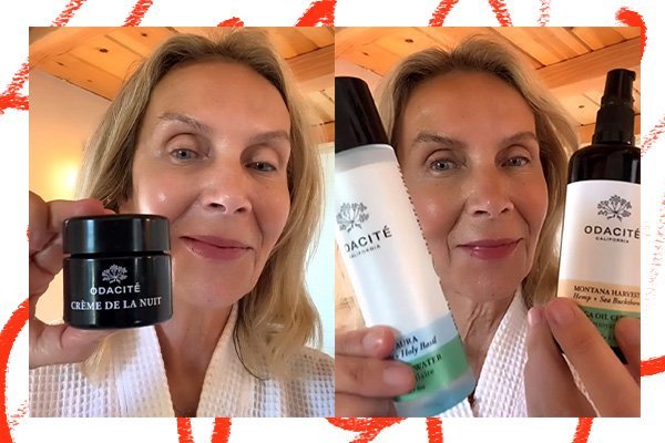 a collage of Odacite founder Valérie Grandury holding up products from Odacite,