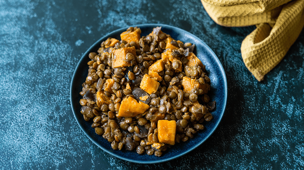 Lentils with sweet potato and pomegranate