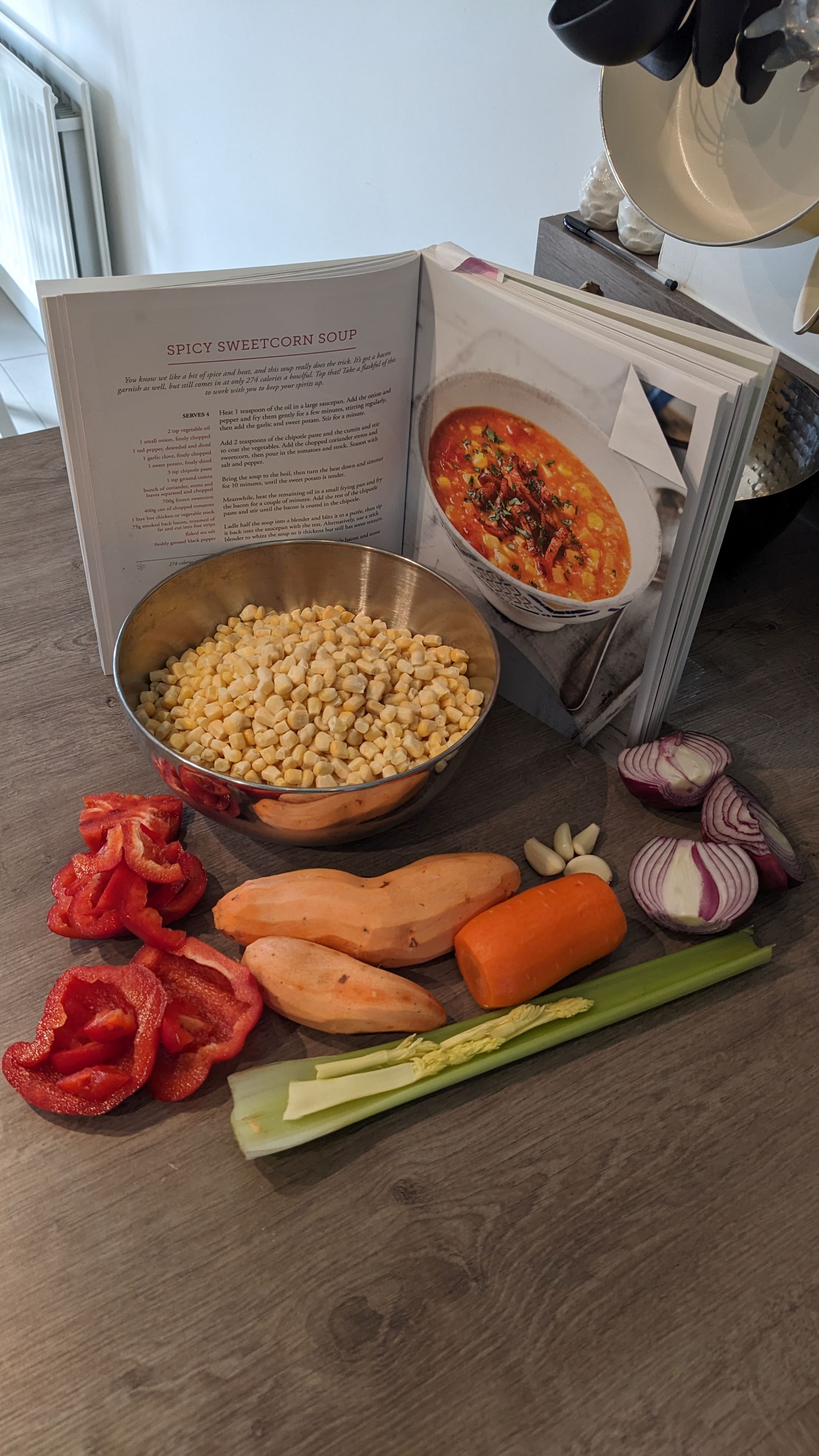 Delicious ingredients for spicy sweetcorn soup.