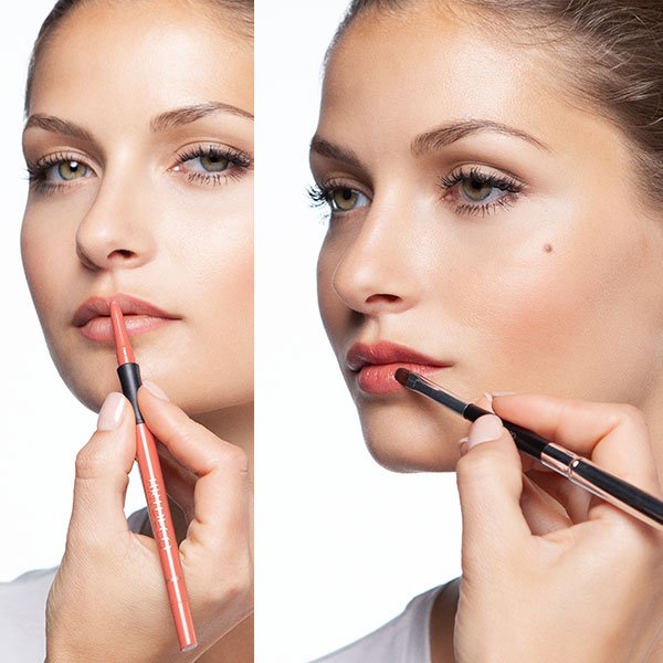 Apply a lip liner, then lipstick with a lip brush