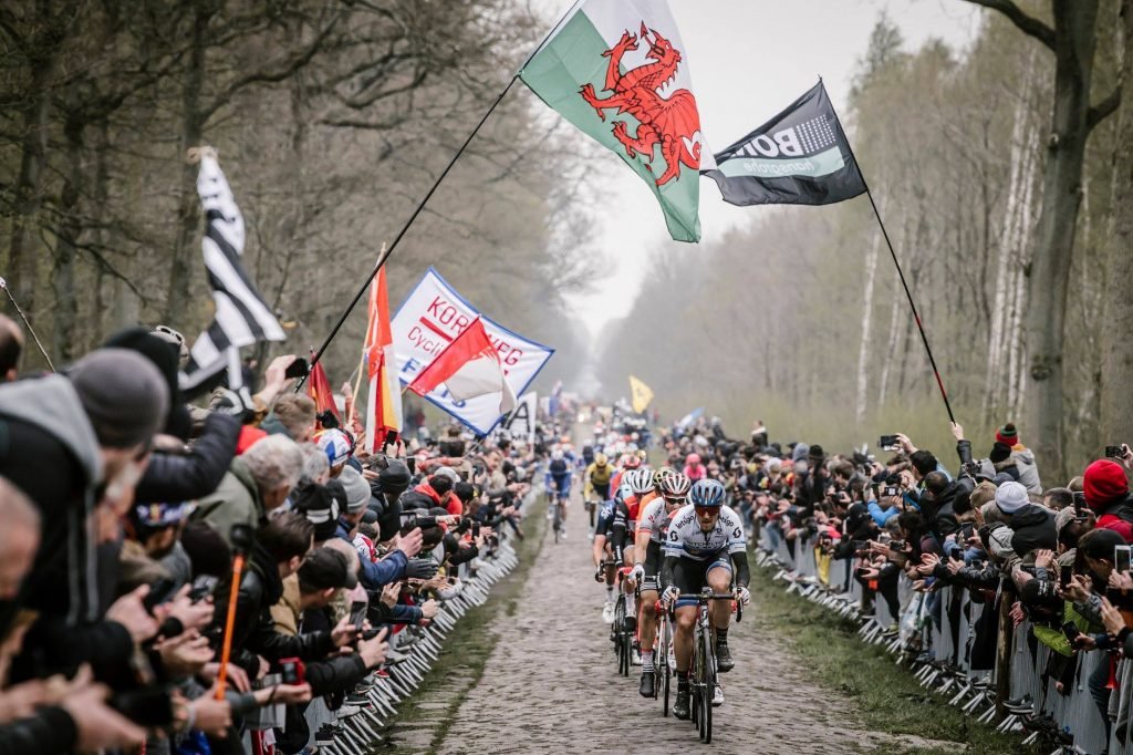 Riders tackling the Forest of Arenberg in Paris-Roubaix
