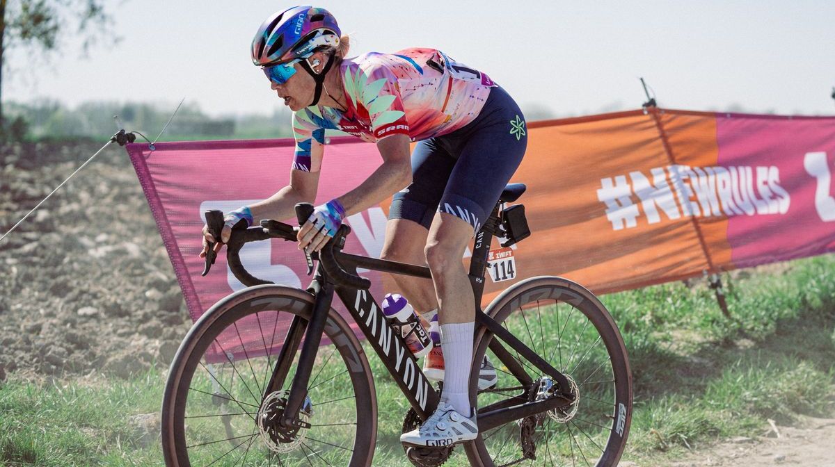 A female cyclist races the cobbles of Paris-Roubaix