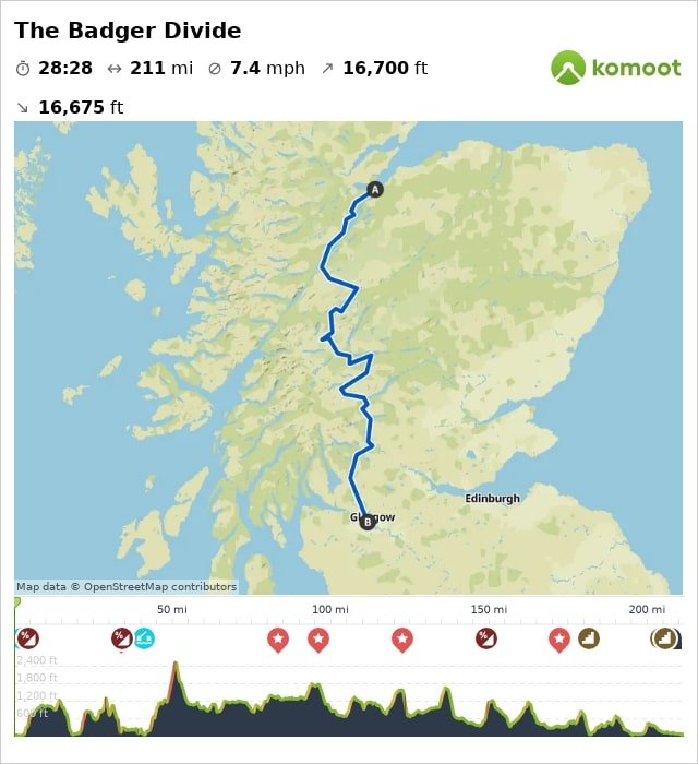 Bike packing route map for the Badger Divide