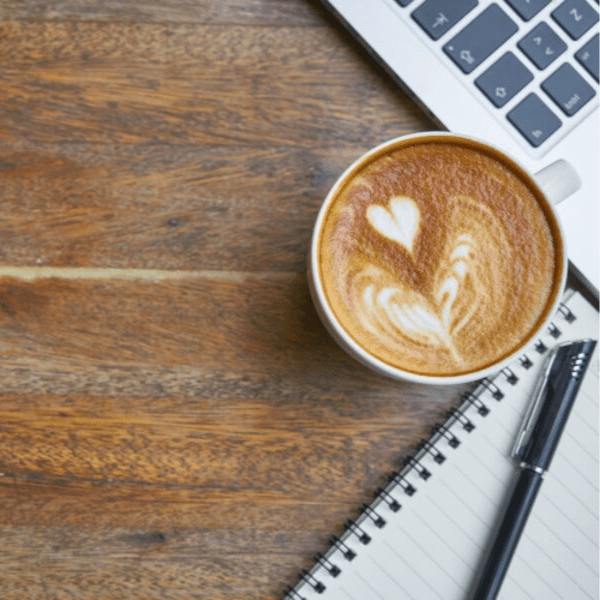coffee, laptop and notebook