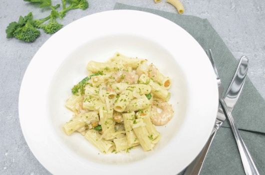 Dietitian Chef K's Prawn Rigatoni with Diced Carrots and Tender-stem Broccoli