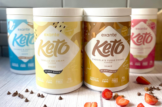 exante diet keto shake tubs. Four flavours - vanilla, chocolate fudge cookie, strawberry, chocolate coconut