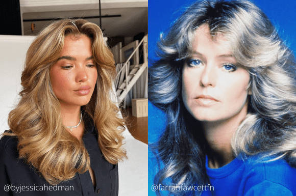 Matilda Djerf with face framing curtain bangs and Charlie’s Angel Farrah Fawcett showing 70s hair inspiration