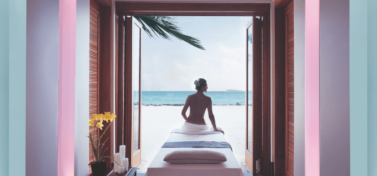one&only reethi rah, espa skincare, woman on bed