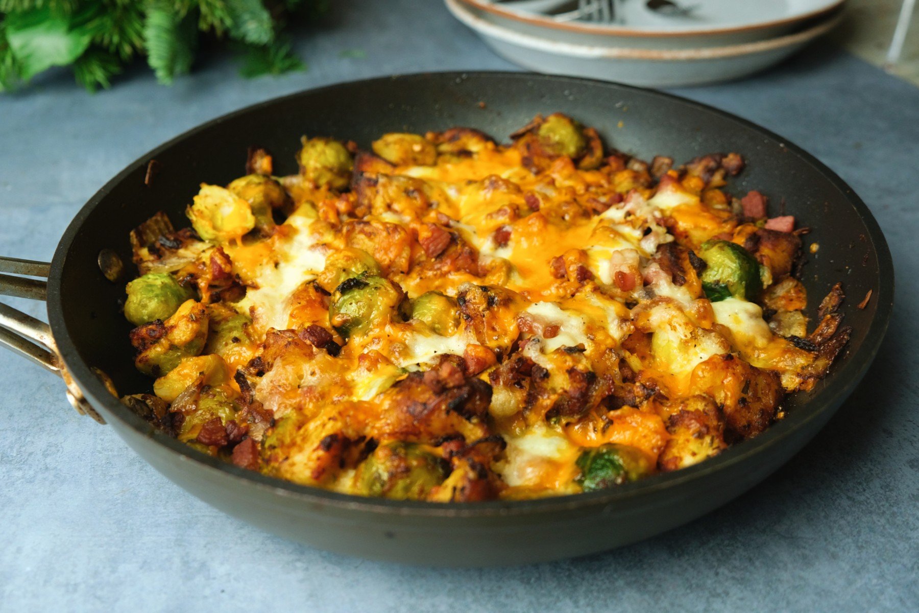 Cheesy Sprout & Pancetta Bake