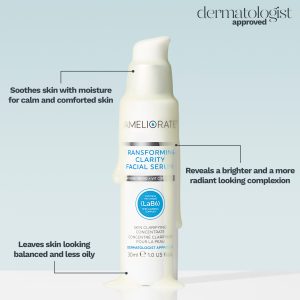 An infographic of our Transforming Clarity Serum with three labels relating to how it could fix a dark upper lip: "soothes skin with moisture for calm and comforted skin," "Reveals a brighter and more radiant looking complexion," "Leaves skin looking balanced and less oily."