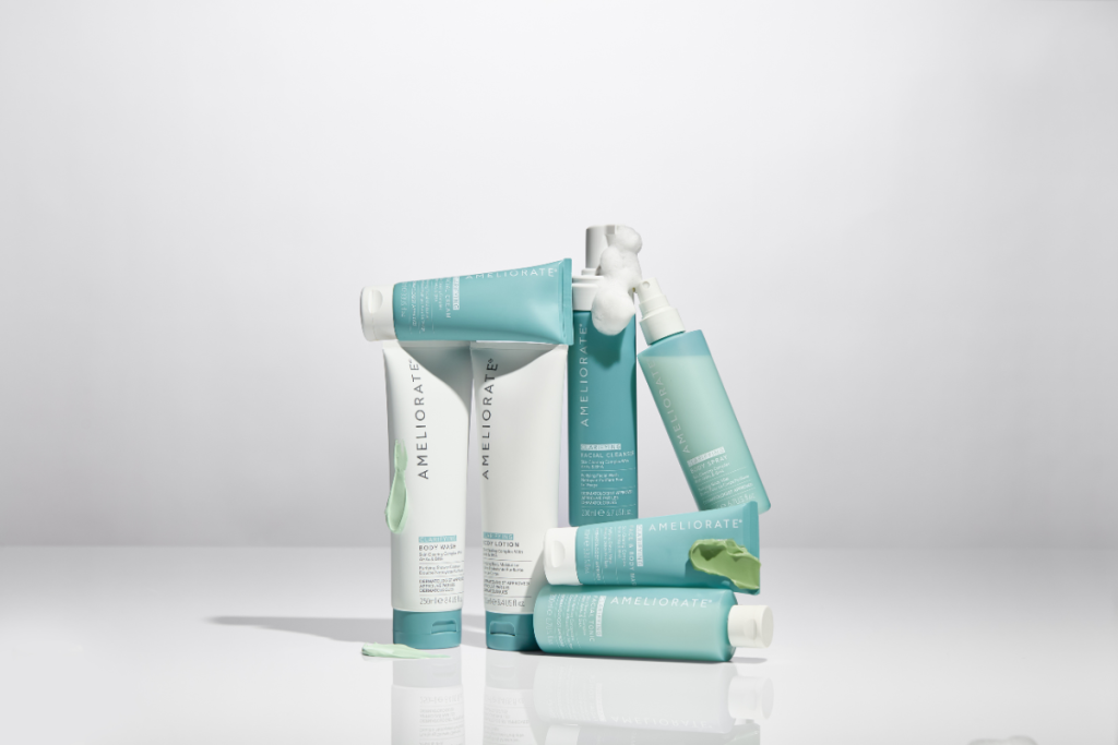 AMELIORATE Clarifying skincare range with body wash, lotion, spray, and cleanser