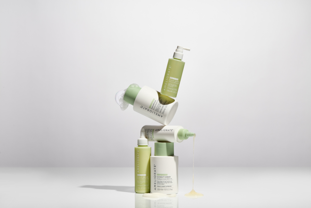 AMELIORATE Soothing haircare range with shampoo, conditioner, and scalp products