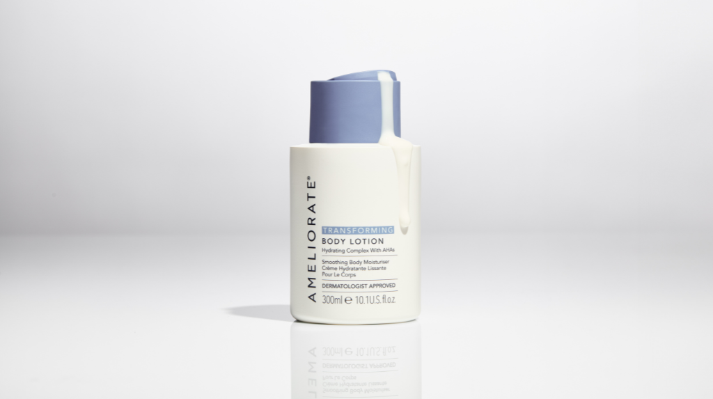 AMELIORATE Transforming Body Lotion 300ml bottle, hydrating body moisturiser with AHAs.