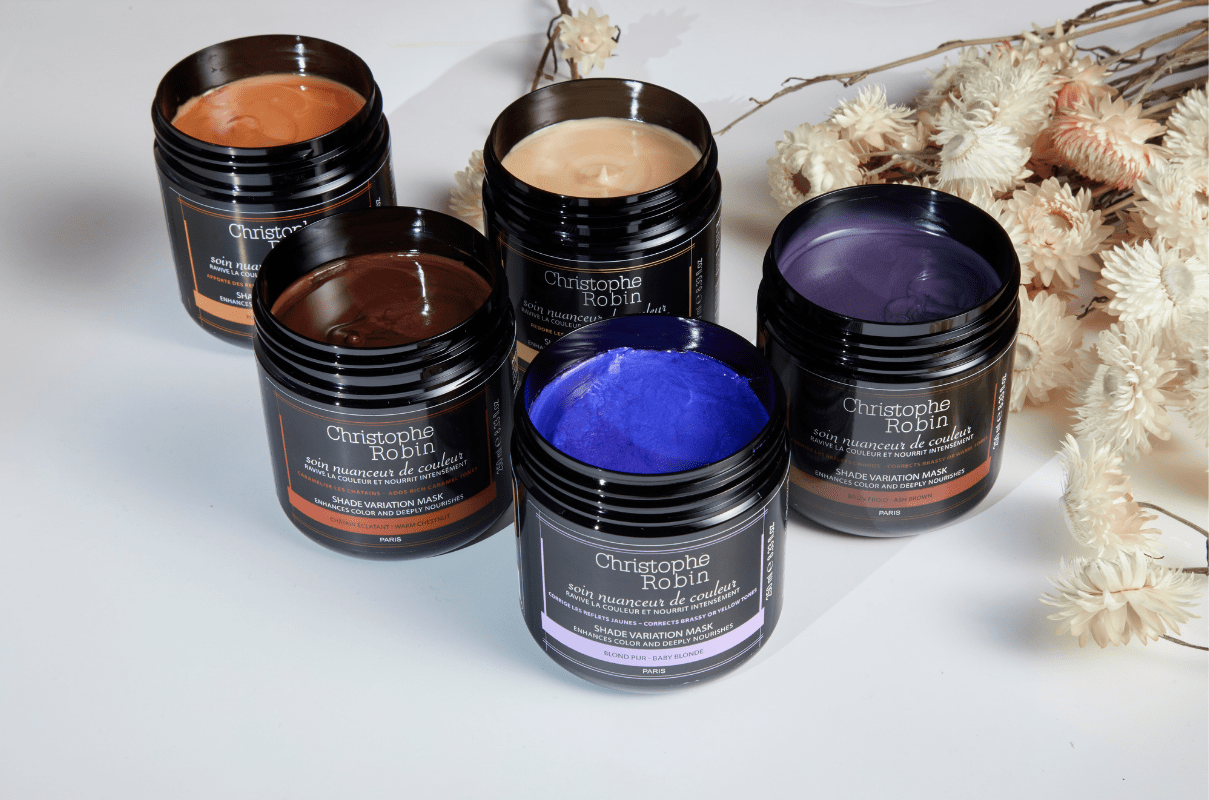 Different shades of Christophe Robin shade variation mask, including an Ash Brown toner