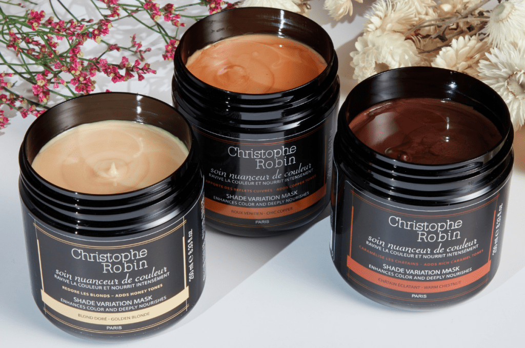 Three Christophe Robin hair toner masks for blonde, copper and brown hair.