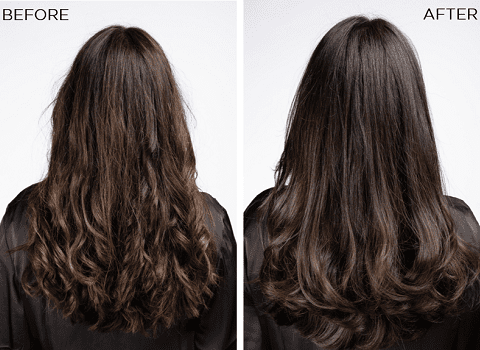 Before and after photo of ash brown hair after using the Christophe Robin Ash Brown Hair Toner