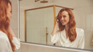 woman looking at hair in mirror