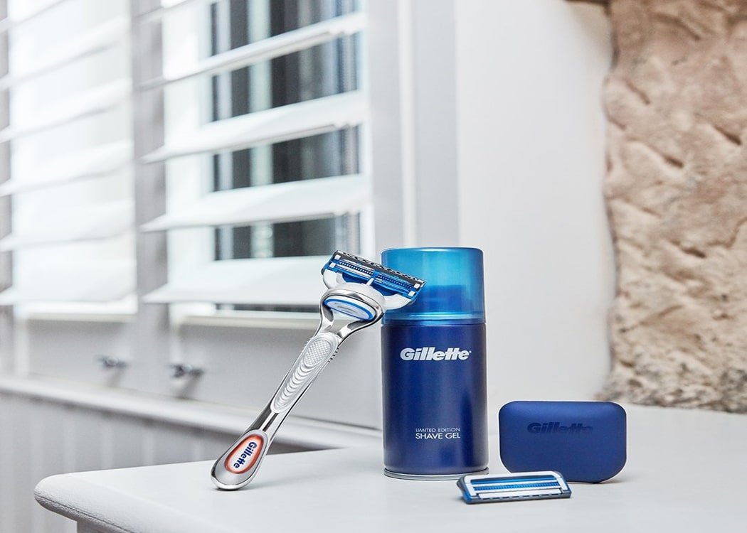 The Gillette SkinGuard Sensitive Razor and a shaving gel for sensitive skin.