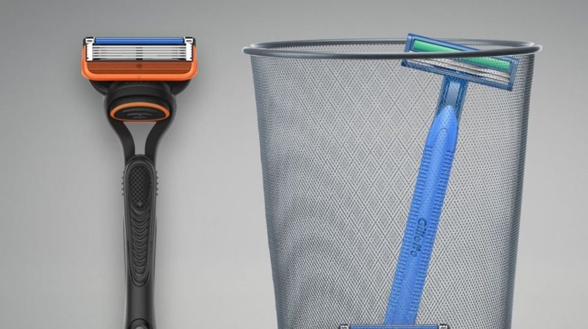 A refillable Gillette razor next to a razor discarded in a bin