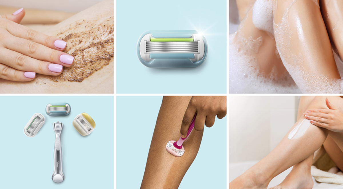Six images - exfoliation, razor blade, bubble bath, razor with blades, shaving and moisturising | Venus UK